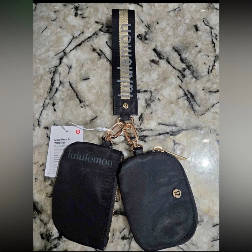 Lululemon athletica Dual Pouch Wristlet gold black bag purse gym keychain - Picture 2 of 2